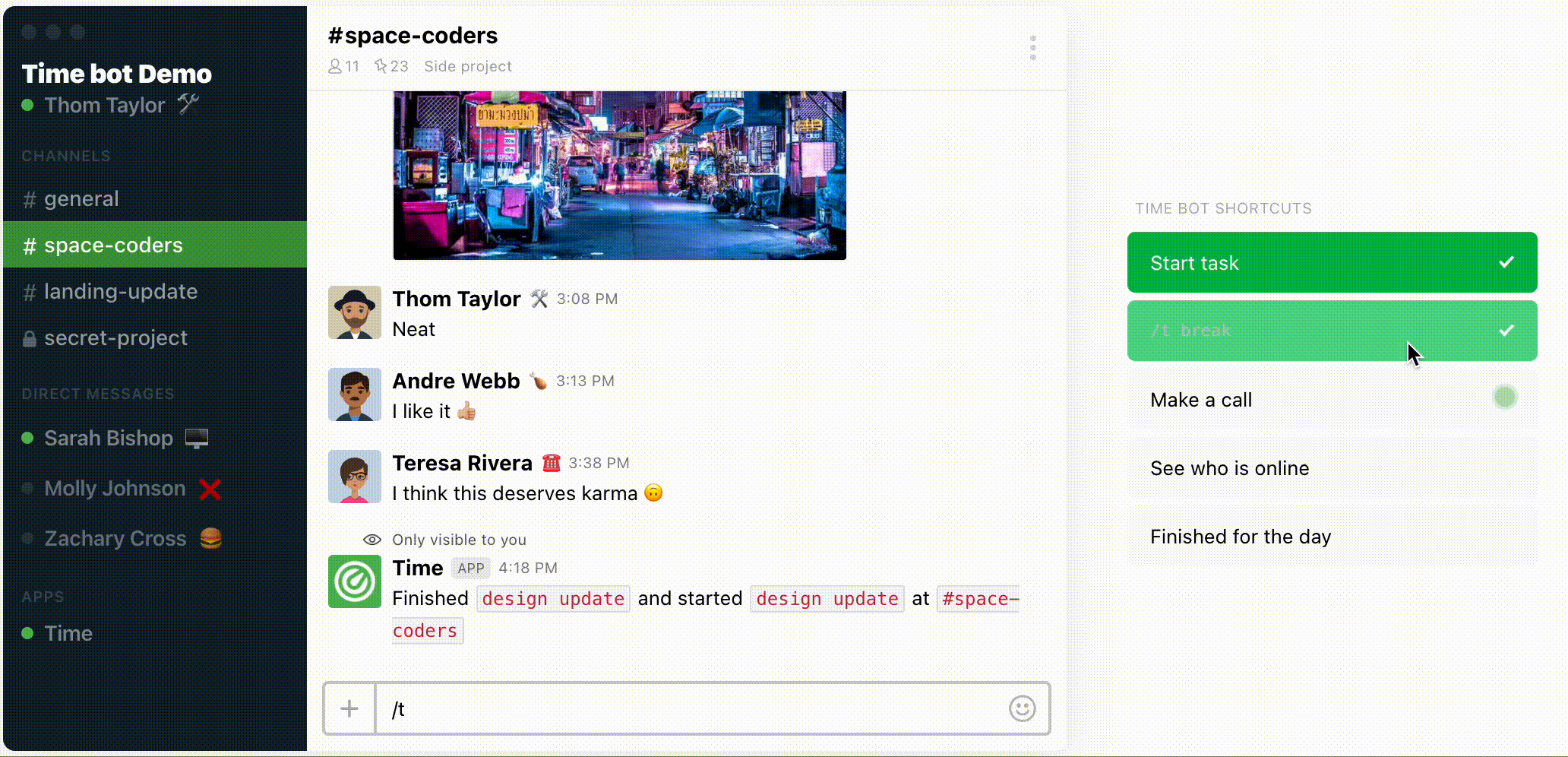 Time bot for Slack help, support and guidelines